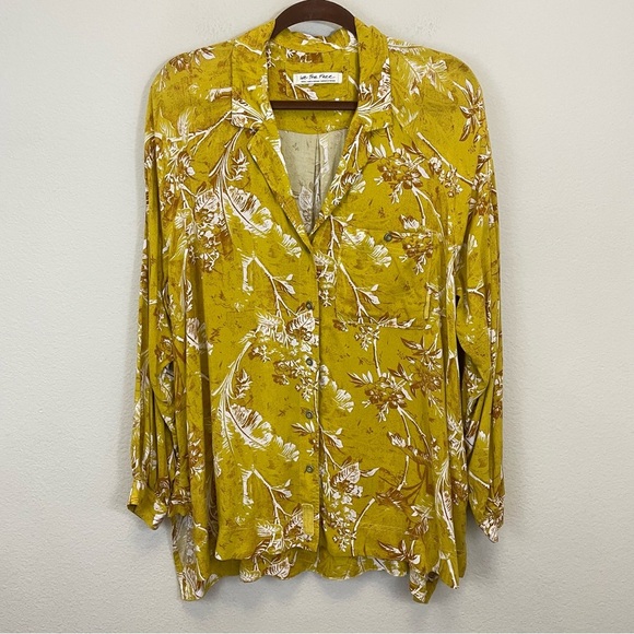 Free People Mustard Floral Oversized Button Down Shirt Size Small - Picture 2 of 9
